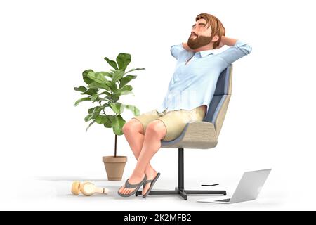 Businessman in shorts relaxing in office chair. Isolated on white background. 3D Rendering Stock Photo