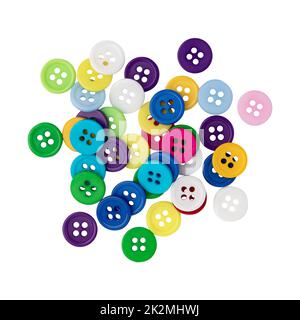 many colorful plastic sewing buttons isolated on white background, top view Stock Photo