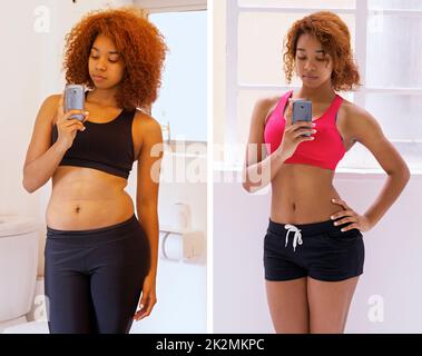 Young woman before and after slimming on color background. Stages of weight  loss Stock Photo - Alamy