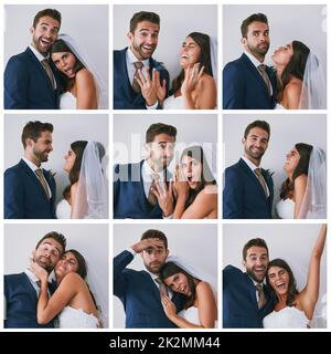 Whats a wedding day without the memories. Composite studio image of a newly married young couple in various fun poses against a gray background. Stock Photo