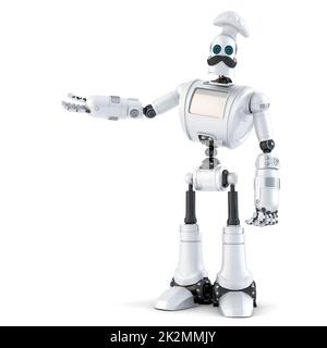 Robot Chef showing invisible object. 3D illustration. Isolated. Contains clipping path Stock Photo