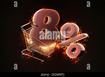 Burning shopping cart and red Eight percent discount sign. 3D illustration Stock Photo