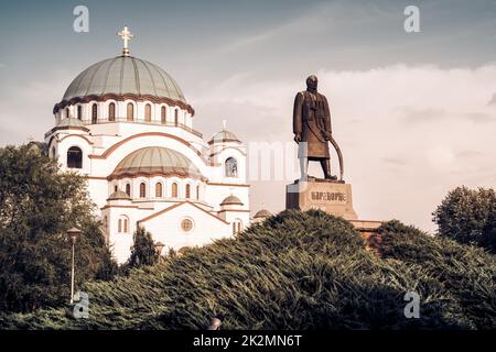 Saint Sava Cathedral and Monument of Karageorge Petrovitch. Belgrade, Serbia Stock Photo