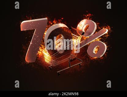 Burning shopping cart and red seventy percentage discount sign. 3D illustration Stock Photo