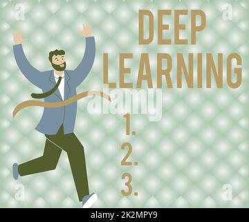 Hand writing sign Deep Learning. Business approach Hierarchical Abstractions Artificial Intelligence Algorithm Gentleman In Suit Running Towards Finish Line Celebrating Success Stock Photo