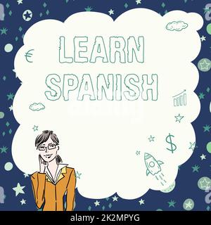 Text showing inspiration Learn Spanish. Word Written on Translation Language in Spain Vocabulary Dialect Speech Illustration Of Lady Thinking Deeply Alone For New Amazing Tactical Ideas. Stock Photo