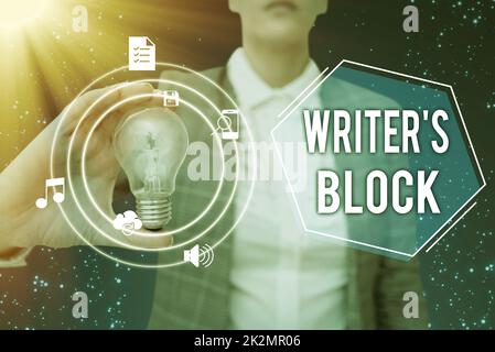 Inspiration showing sign Writer S Block. Business showcase Condition of being unable to think of what to write Lady in suit holding light bulb representing innovative thinking. Stock Photo