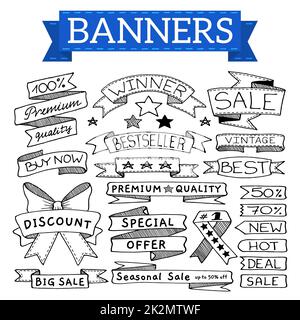 Doodle banners, flags, ribbons and tags set, hand drawn with thin line Stock Photo