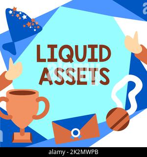 Sign displaying Liquid Assets. Business showcase Cash and Bank Balances Market Liquidity Deferred Stock People Congratulating Success Presenting Earned Trophy Medals. Stock Photo