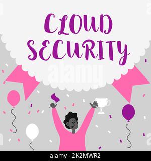 Handwriting text Cloud Security. Internet Concept Protect the stored information safe Controlled technology Man Holding Trophy Celebrating Performance Surrounded With Balloons. Stock Photo