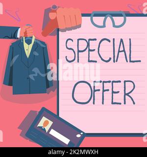 Sign displaying Special Offer. Conceptual photo Selling at a lower or discounted price Bargain with Freebies Hands Holding Uniform Showing New Open Career Opportunities. Stock Photo