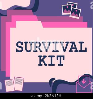 Hand writing sign Survival Kit. Business approach Emergency Equipment Collection of items to help someone Desktop Folders Inside Web Browser Showing Recent Technology. Stock Photo