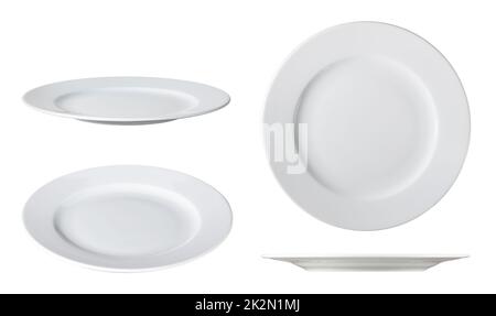 white dinner plates on white with clipping path different angles Stock Photo