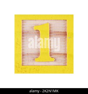 Number 1 one childs wood block on white with clipping path Stock Photo