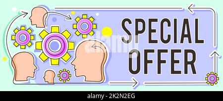 Text caption presenting Special Offer. Business overview Selling at a lower or discounted price Bargain with Freebies Multiple Heads With Cogs Showing Technology Ideas. Stock Photo