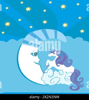 Cute magic unicorn and moon Stock Photo