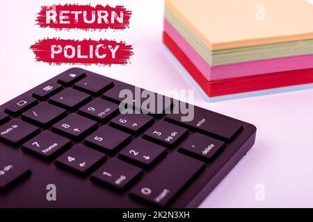 Inspiration showing sign Return Policy. Business idea Tax Reimbursement Retail Terms and Conditions on Purchase Computer Keyboard And Symbol.Information Medium For Communication. Stock Photo