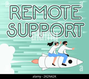 Sign displaying Remote Support. Concept meaning help endusers to solve computer problems and issues remotely Illustration Of Happy Partners Riding On Rocket Ship Exploring World. Stock Photo