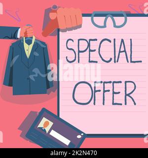 Sign displaying Special Offer. Conceptual photo Selling at a lower or discounted price Bargain with Freebies Hands Holding Uniform Showing New Open Career Opportunities. Stock Photo