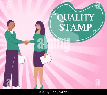 Conceptual caption Quality Stamp. Internet Concept Seal of Approval Good Impression Qualified Passed Inspection Colleagues Crossing Obstacles Hand Bridge Presenting Teamwork Collaboration. Stock Photo