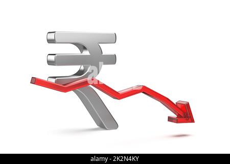 Indian rupee symbol with red arrow pointing down Stock Photo