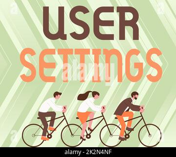Handwriting text User Settings. Business overview Configuration of appearance Operating System Personalized Three Colleagues Riding Bicycle Representing Successful Teamwork. Stock Photo
