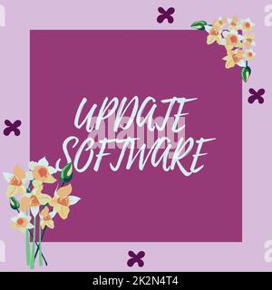 Conceptual display Update Software. Business approach replacing program with a newer version of same product Blank Frame Decorated With Abstract Modernized Forms Flowers And Foliage. Stock Photo