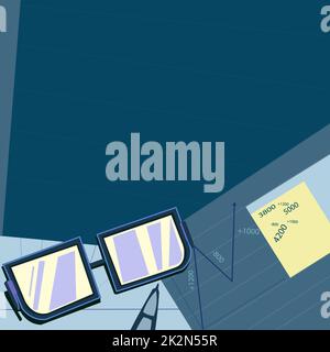 Glasses sitting on desk surrounded with papers consisting charts calculation future successful financial plans. Notepad being presented featuring estimating project finances. Stock Photo