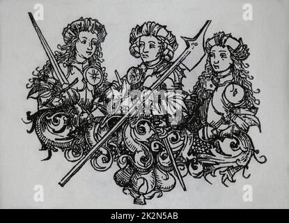 Amazons. Group of female warriors. Engraving. Engraving. The Nuremberg Cronicle', 15th century. Stock Photo