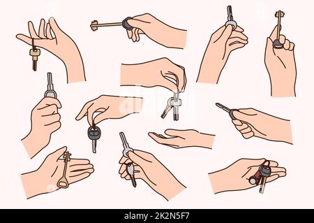 Set of people holding keys to home or cars Stock Photo