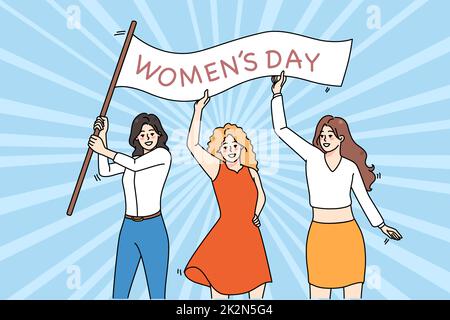Happy women with banner on international woman day Stock Photo