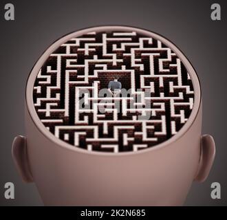 Man standing at the center of the maze on the human head. 3D illustration Stock Photo