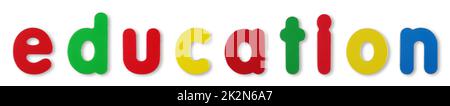 Education coloured magnetic letters on white with clipping path to remove shadow Stock Photo