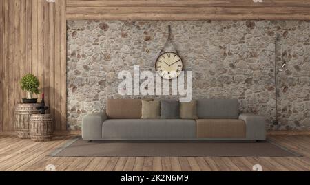 Rustic style living room with stone wall and wooden paneling Stock Photo