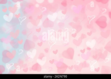 Valentines or mothers day card template. Abstract delicate romantic illustrated pink gradient blue background texture with pink and white bokeh hearts. Beautiful backdrop. Stock Photo