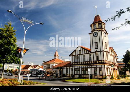 The English-styled Mock Tudor old Post Office building and memorial town clock in honour of Premier Richard John Seddon, the longest-standing Prime Mi Stock Photo