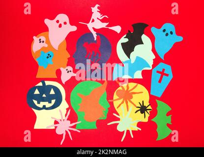 paper head with halloween monsters, creative halloween concept, paper craft Stock Photo