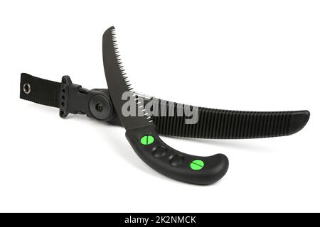 Folding garden saw in the folded state isolated on a white background, pocket saw. High resolution photo. Full depth of field. Stock Photo