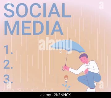 Text caption presenting Social Media. Word for Online communication channel Networking Microblogging Gentleman Holding Umbrella Growing Flower Presenting Newest Project Ideas. Stock Photo