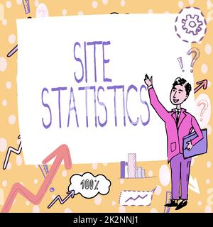 Handwriting text Site Statistics. Business idea measurement of behavior of visitors to certain website Gentleman Drawing Standing Pointing Finger In Blank Whiteboard. Stock Photo