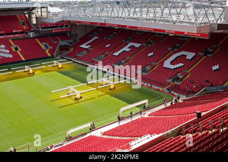 Grow lights on the pitch at Anfield home of Liverpool Football Club used to keep the playing surface in pristine condition Stock Photo