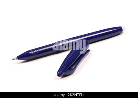 Dark blue pen isolated on white. Extrem close-up. High resolution photo. Full depth of field. Stock Photo