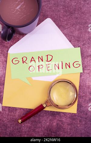 Writing displaying text Grand Opening. Business approach Ribbon Cutting New Business First Official Day Launching Stock Photo