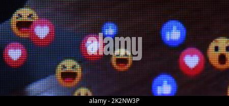 Macro photo of screen pixels with icons. Extrem close-up. High resolution photo. Selective focus. Stock Photo