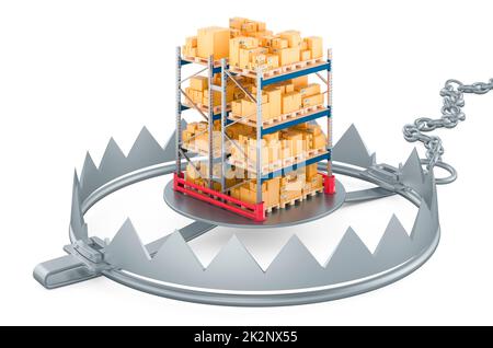 Bear trap with pallet rack full of parcels. 3D rendering isolated on white background Stock Photo