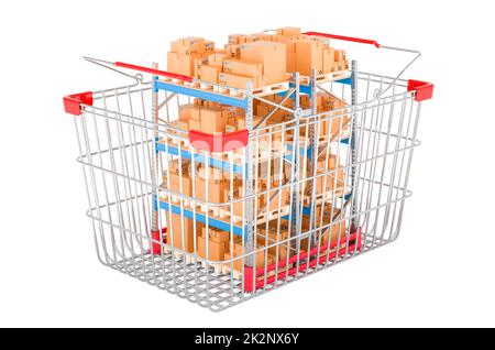 Shopping basket pallet rack full of parcels. 3D rendering isolated on white background Stock Photo