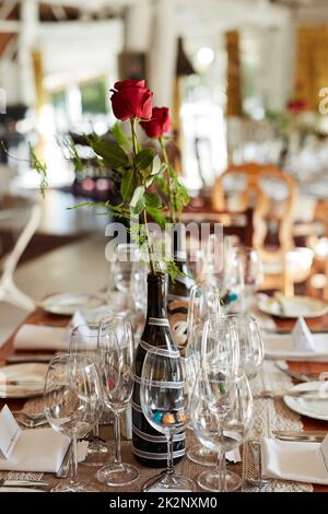 Its a day for celebration. Shot of a decorated table at a wedding reception. Stock Photo