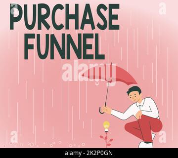 Text caption presenting Purchase Funnel. Conceptual photo consumer model which illustrates customer journey Gentleman Holding Umbrella Growing Flower Presenting Newest Project Ideas. Stock Photo