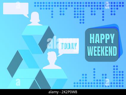 Inspiration showing sign Happy Weekend. Word Written on Cheerful rest day Time of no office work Spending holidays Successful online communication colleagues achieving teamwork. Stock Photo