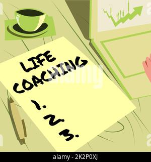 Text caption presenting Life Coaching. Word for Improve Lives by Challenges Encourages us in our Careers Laptop Resting Beside Coffee Mug And Plain Sheet Showing Work Process. Stock Photo